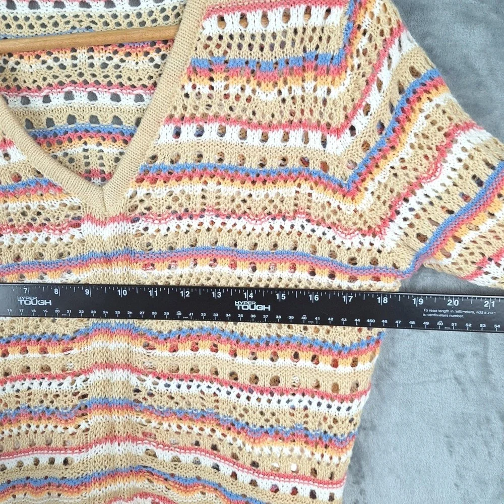 Womens Sweater Medium Boho Crochet Knit Cottagecore Indie Striped Tie Front Crop